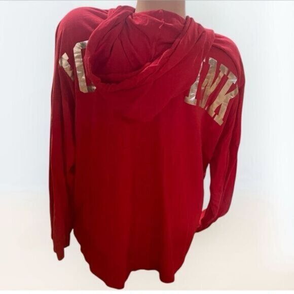 Victoria's Secret PINK XL Shine Logo Varsity Long Sleeve Hooded Tee Red - Picture 1 of 8